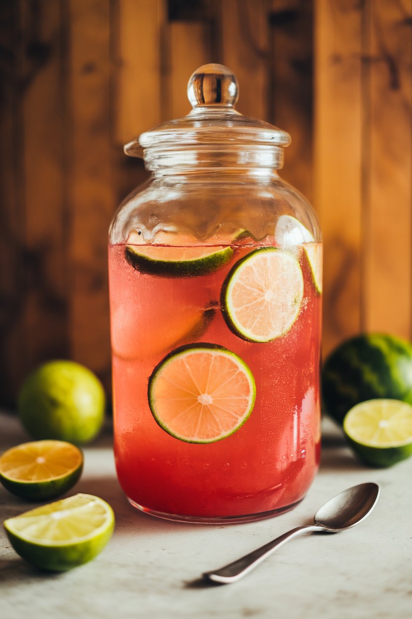 Indoor summertime vibe with a glass dispenser of rosy watermelon agua fresca, lime wheels floating, no logos visible.