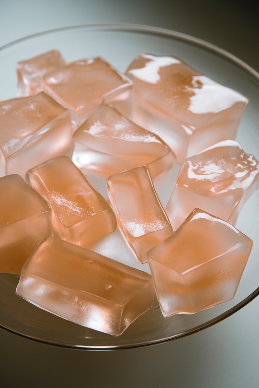 Indoor plate with translucent pale pink jelly cubes made from lychee and rose syrup, light catching edges. Photo, no text or logos.