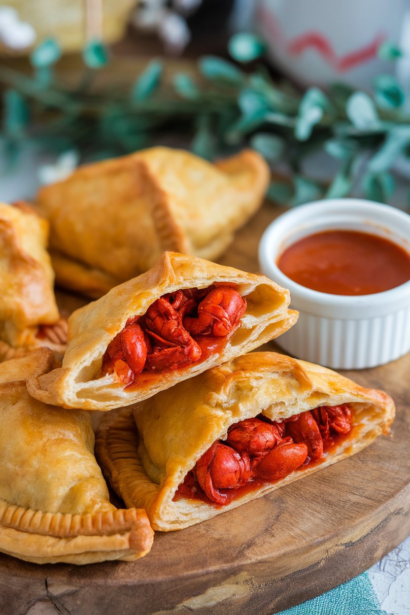 Indoor photo of golden pastry turnovers split open to reveal saucy crawfish filling, a ramekin of hot sauce nearby; no text or logos