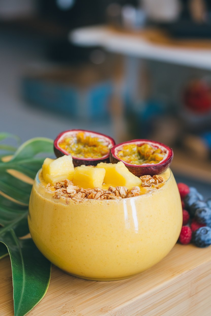 Indoor photo of a yellow smoothie bowl topped with pineapple chunks, passion fruit, and granola, no text or logos visible