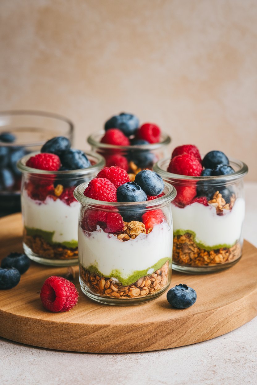 Indoor photo of small glass jars layered with matcha-infused Greek yogurt, fresh berries, and granola. No logos or text visible.