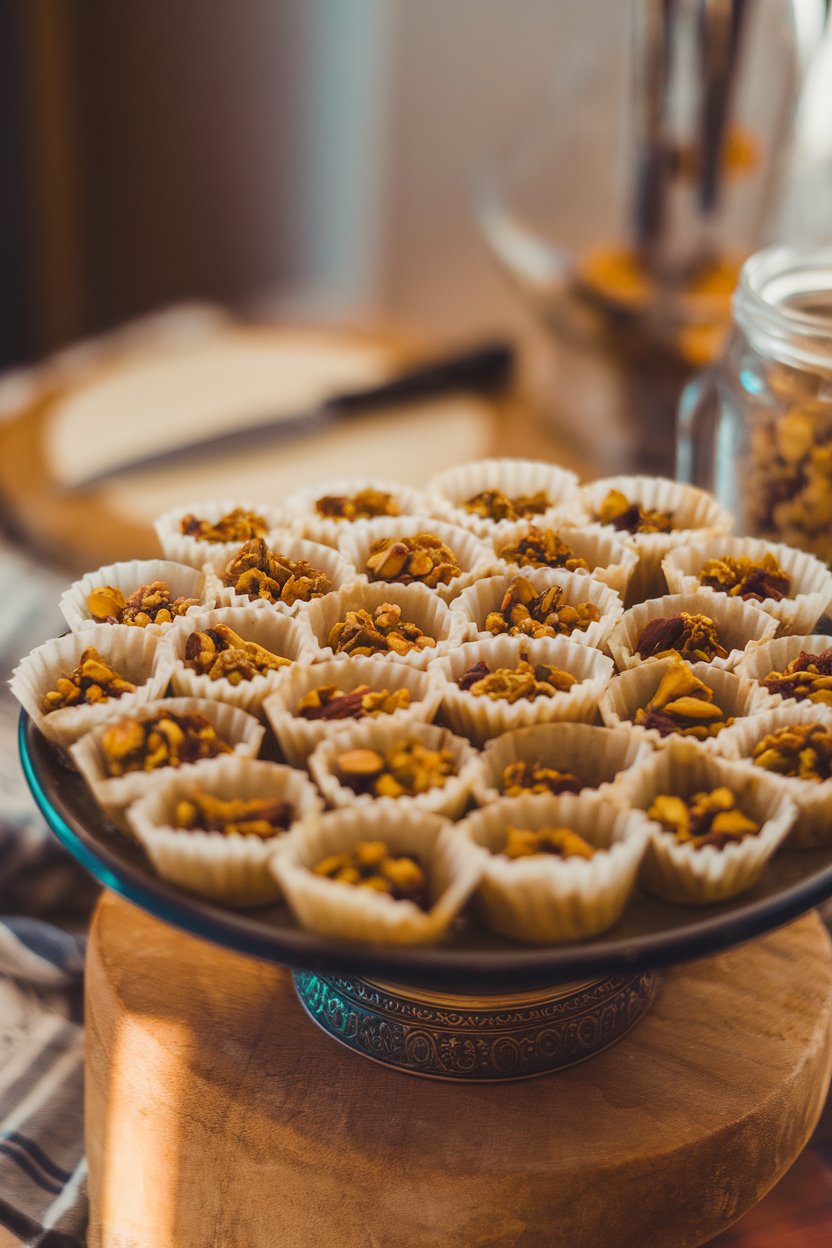 Indoor platter with mini phyllo cups filled with honey-soaked pistachio mixture, glistening under warm light. No text or logos; photo, not illustration.