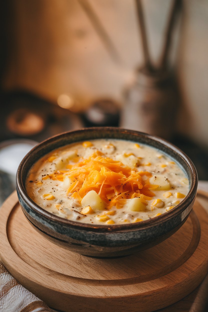 Indoor bowl of creamy corn chowder—visible corn kernels, diced potatoes, and melted cheddar on top, warm lighting highlighting the richness. No text or logos. Photo.