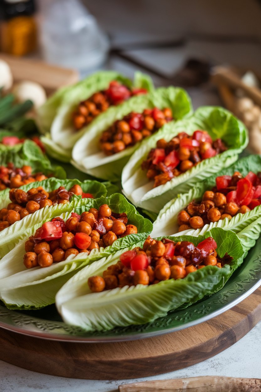 Indoor photo of crisp romaine leaves filled with saucy barbecue chickpeas and diced tomatoes, arranged on a platter; no text or logos