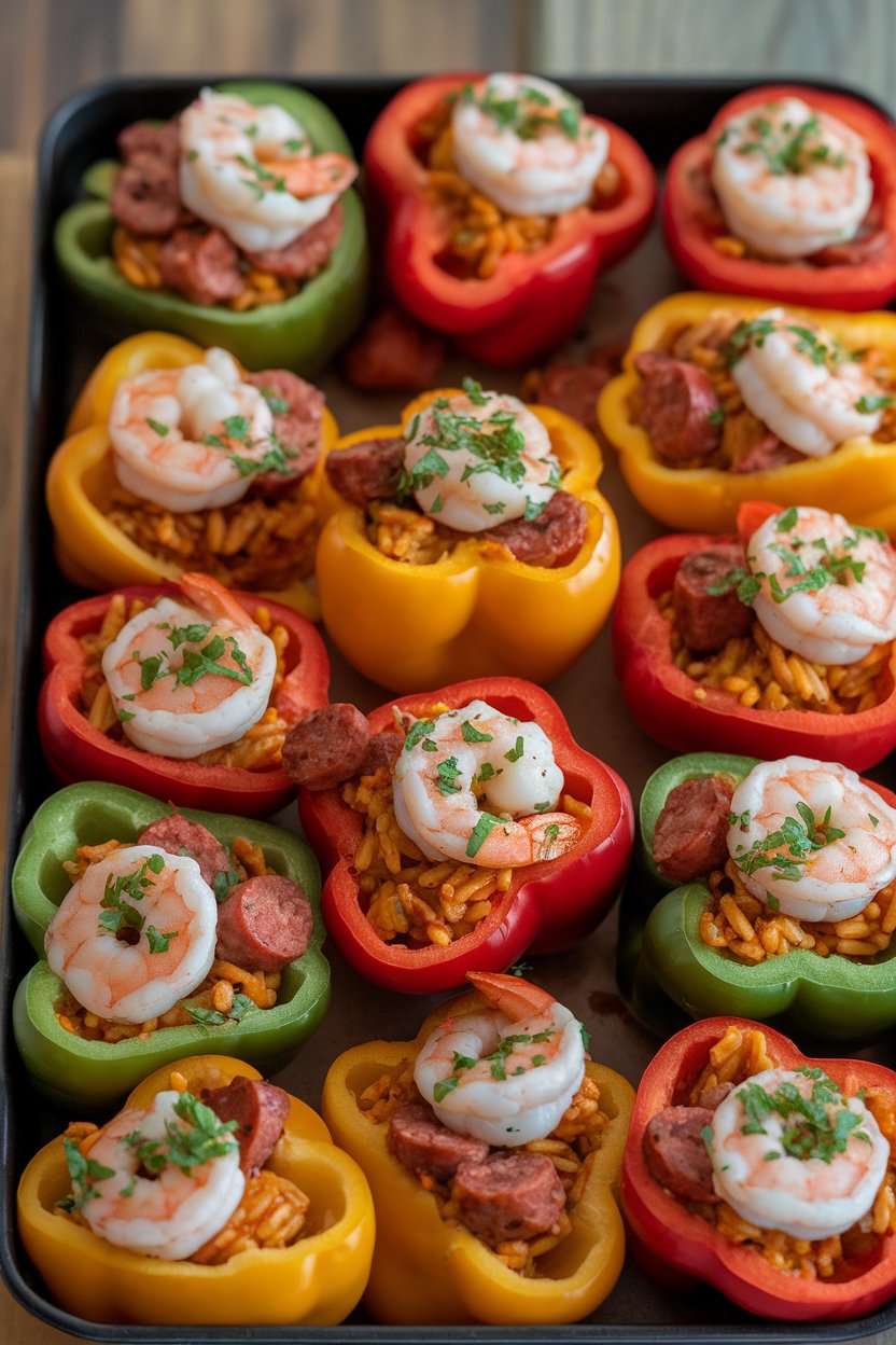 Indoor photo of colorful bite-size bell peppers filled with cooked jambalaya rice, shrimp, and sausage; no text or logos