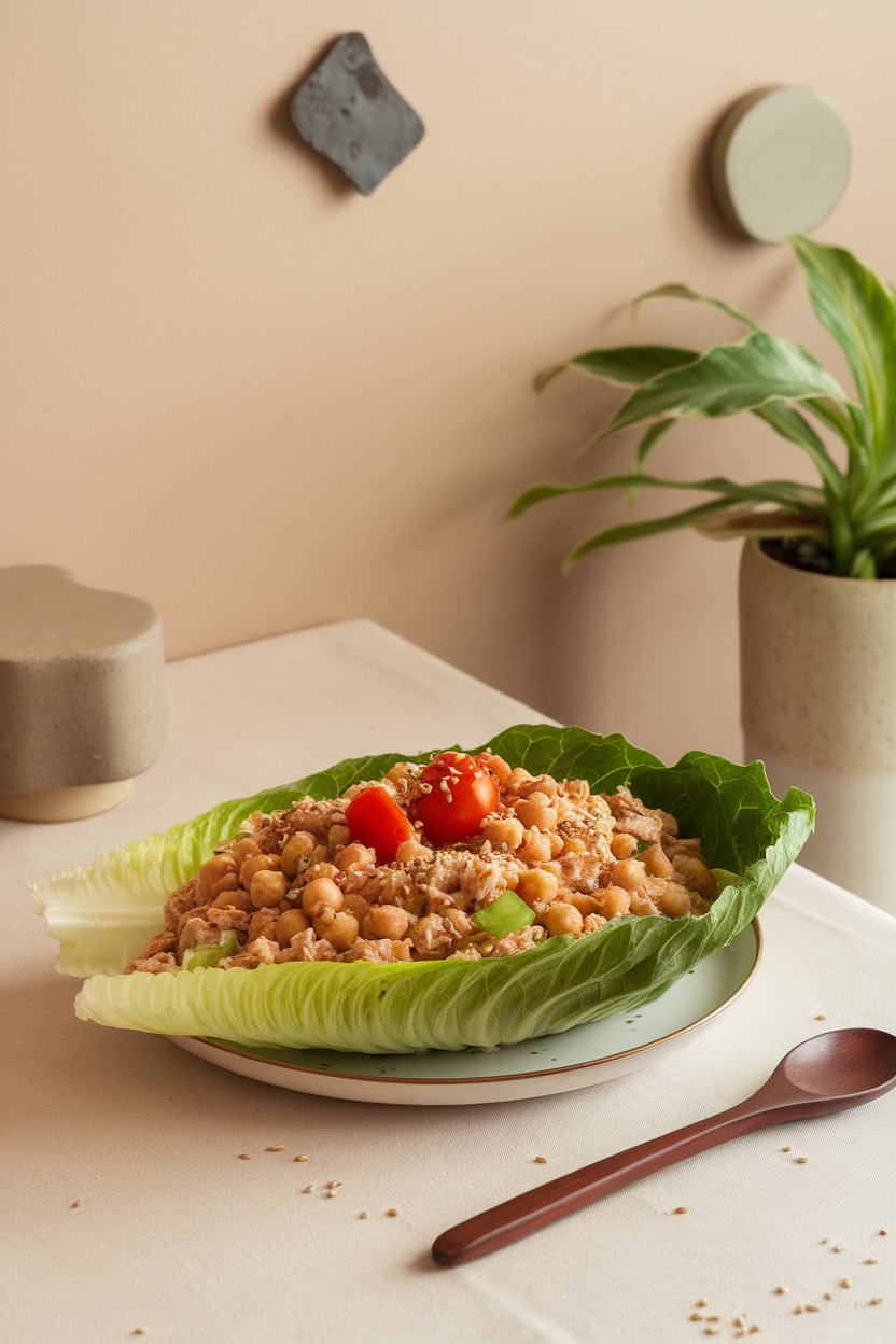 A modern indoor lunch table featuring crisp romaine leaves filled with a chickpea-tuna mixture speckled with diced celery; no text or logos. Photo only.