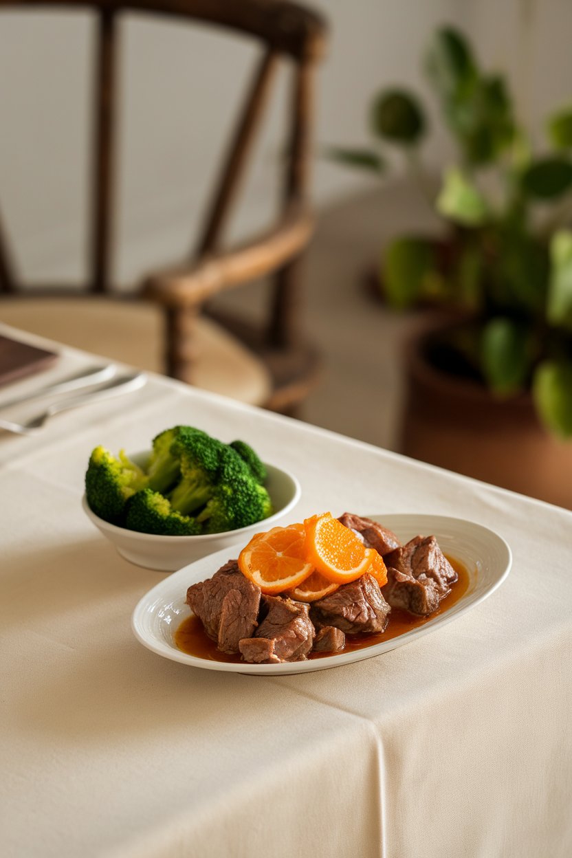 An indoor dining table featuring strips of tender orange beef glazed with citrus sauce, served with steamed broccoli. No text or logos. Photo.
