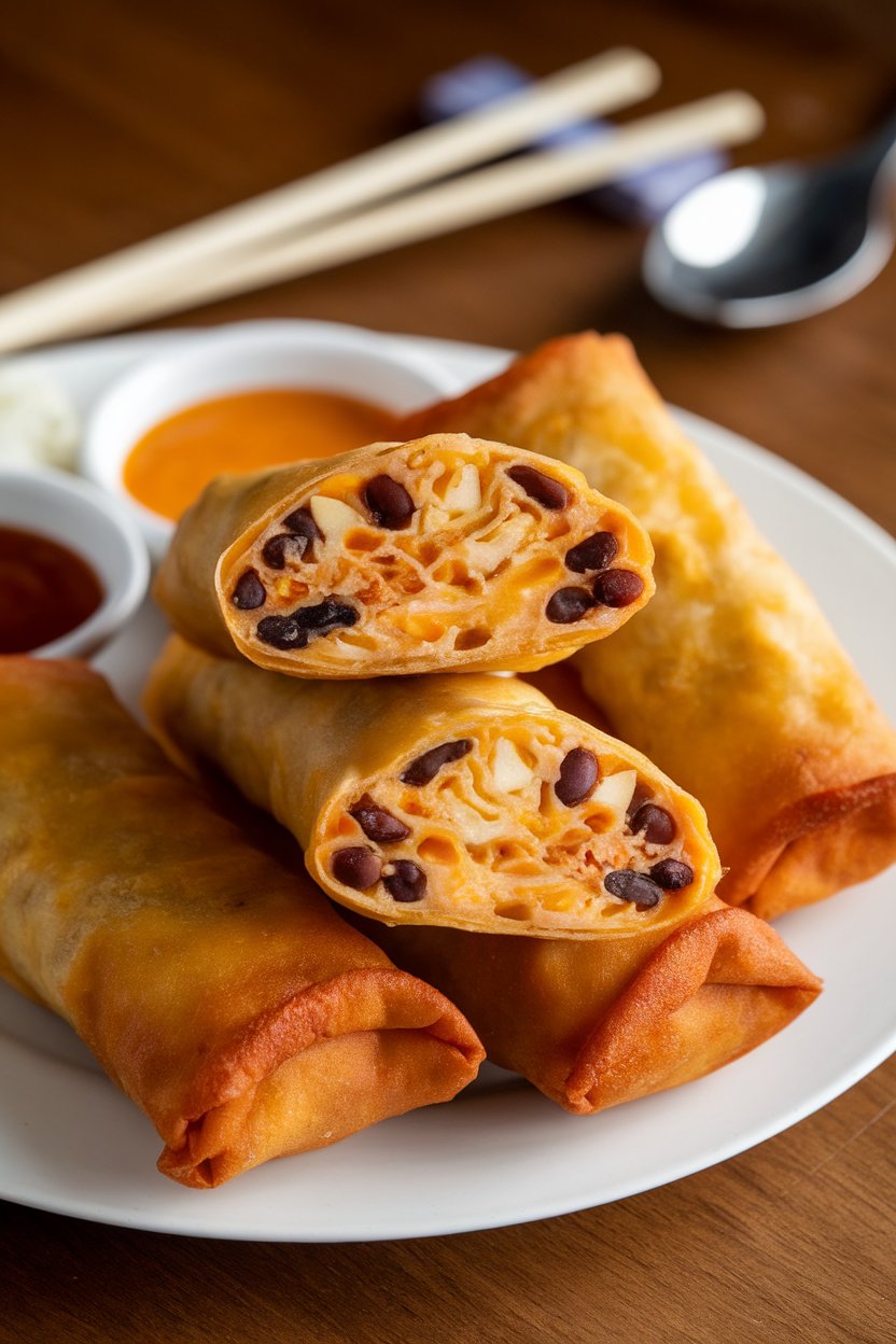 An indoor plate lined with diagonally cut crispy egg rolls revealing black beans, corn, and cheese filling. No text or logos present.