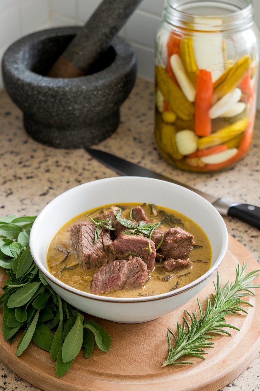 Indoor countertop scene with a bowl of beef stew flecked with tarragon leaves and a light mustard-hued broth. No text or logos. Photo.