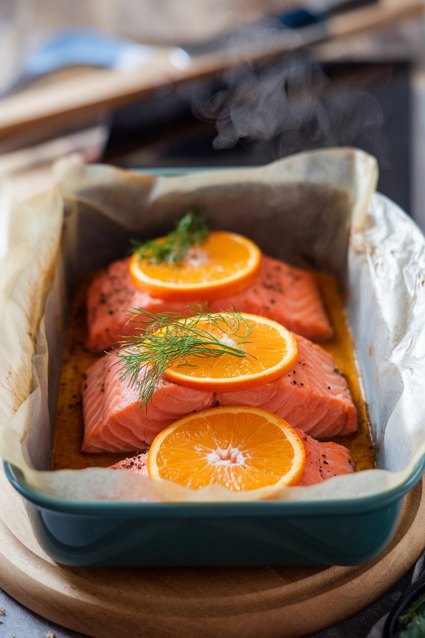 Indoor photo of a parchment-lined baking dish holding cooked salmon fillets topped with orange slices and fresh dill, steam rising gently. No text or logos.