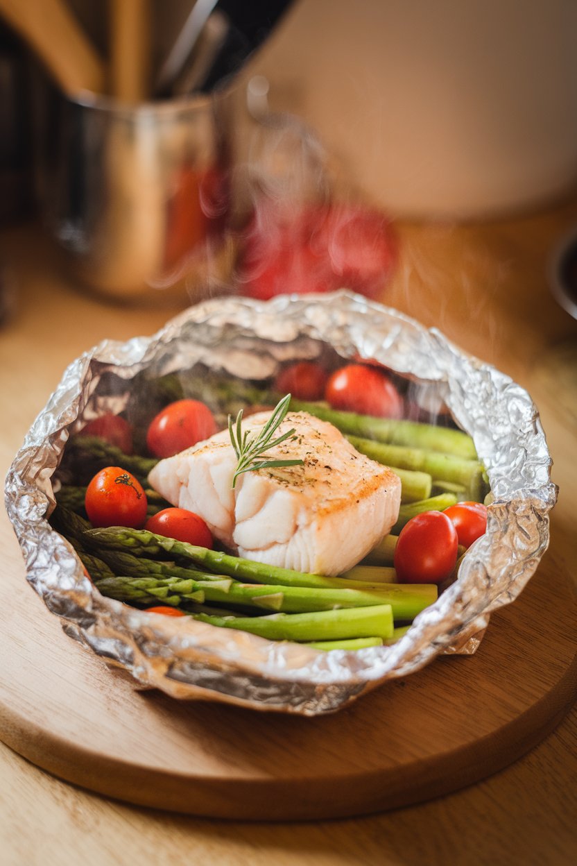 Indoor photo of an opened foil packet showing cooked cod fillet, cherry tomatoes, and asparagus spears, all steaming. No text or logos.