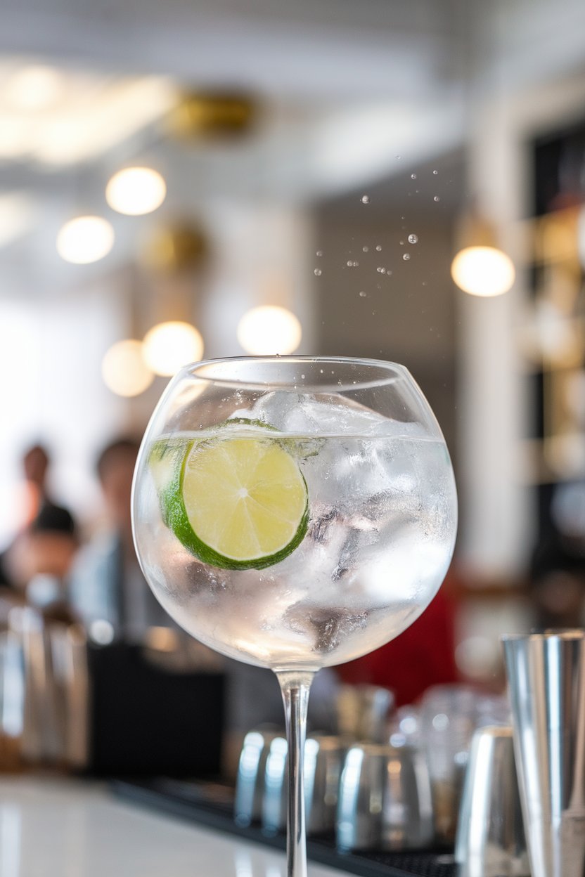 A bright indoor bar scene with a balloon glass of gin and tonic brimming with ice, lime wheel submerged, gentle bubbles visible, no text or logos. Photo only.