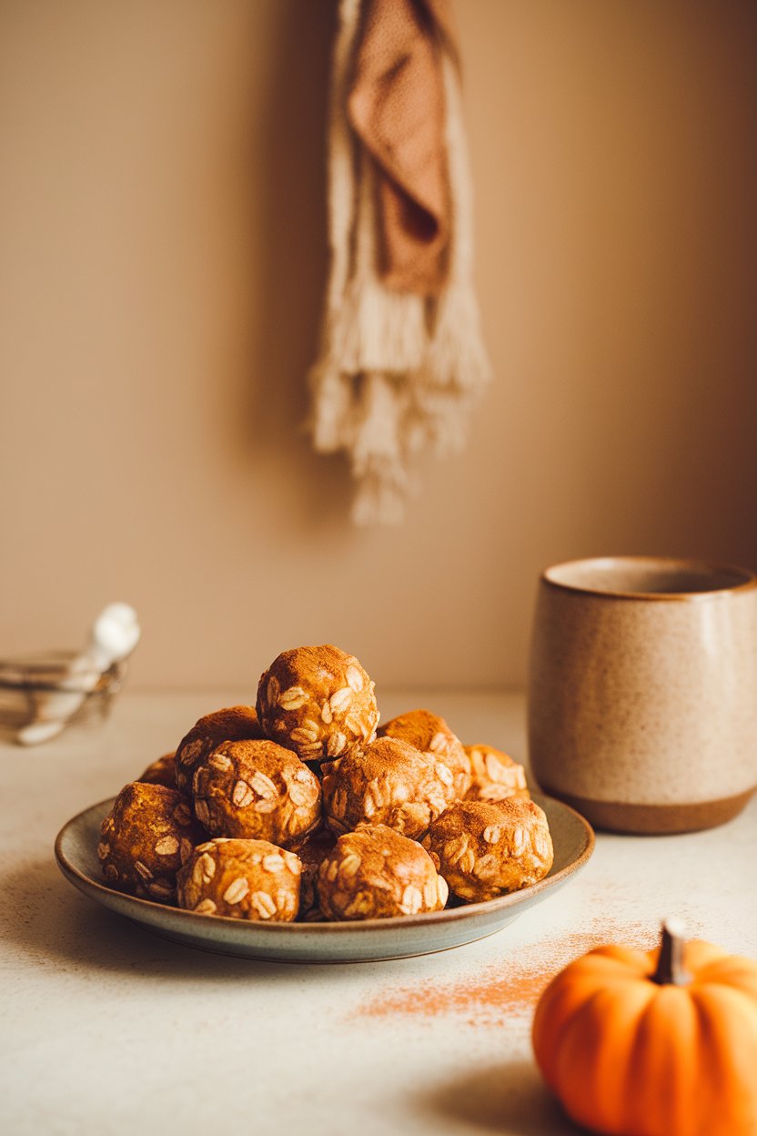 An indoor countertop scene with a plate of round pumpkin oat bites, dusted lightly with cinnamon. No text or logos visible; photo.