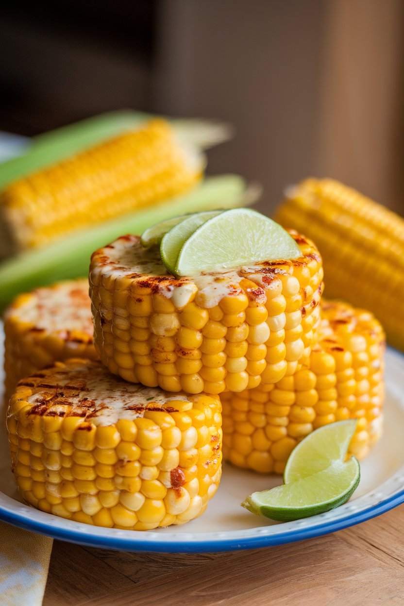 Indoor photo of thick rounds of grilled corn brushed with chili-lime butter, stacked on a white plate. No text or logos.