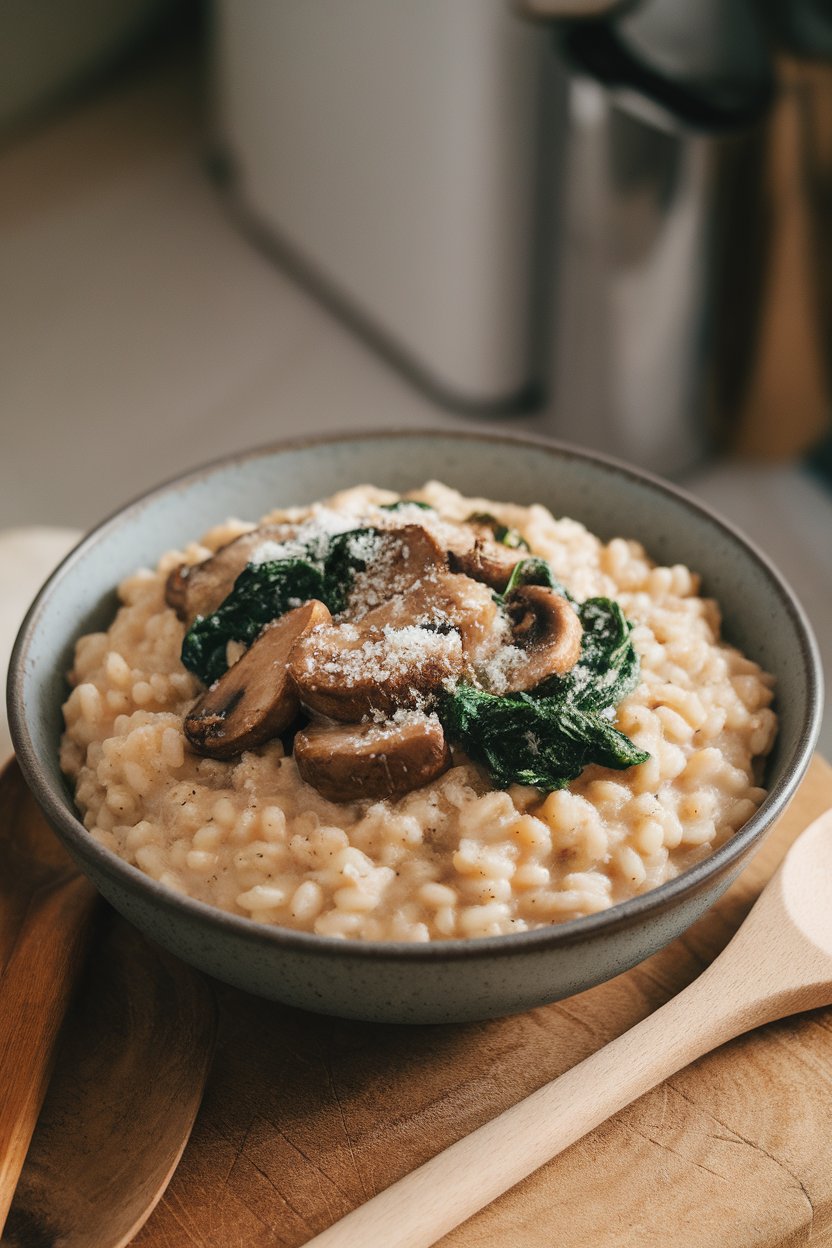 A bowl indoors filled with creamy brown rice risotto flecked with sautéed mushrooms and wilted spinach, sprinkled lightly with grated Parmesan. No text or logos. Photo only.