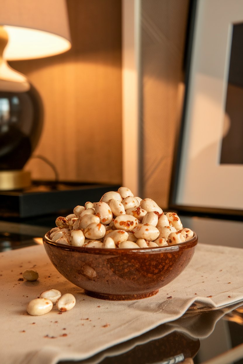 Indoor photo of a bowl filled with glazed mixed nuts dotted with chili flakes on a coffee table. No text or logos.