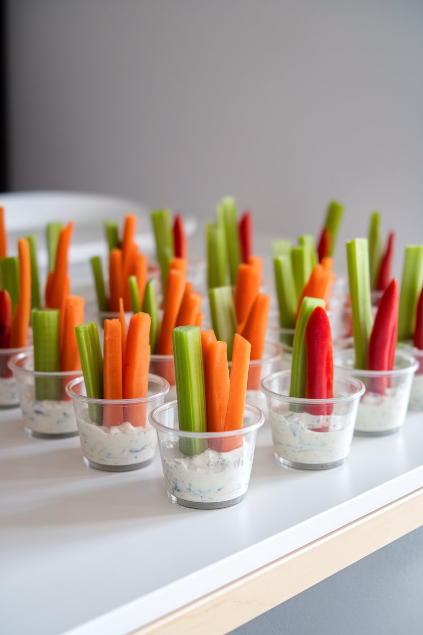 An indoor spread of small clear cups with yogurt-based ranch at the bottom and upright carrot, celery, and bell pepper sticks. No text or logos. Photo, not illustration.
