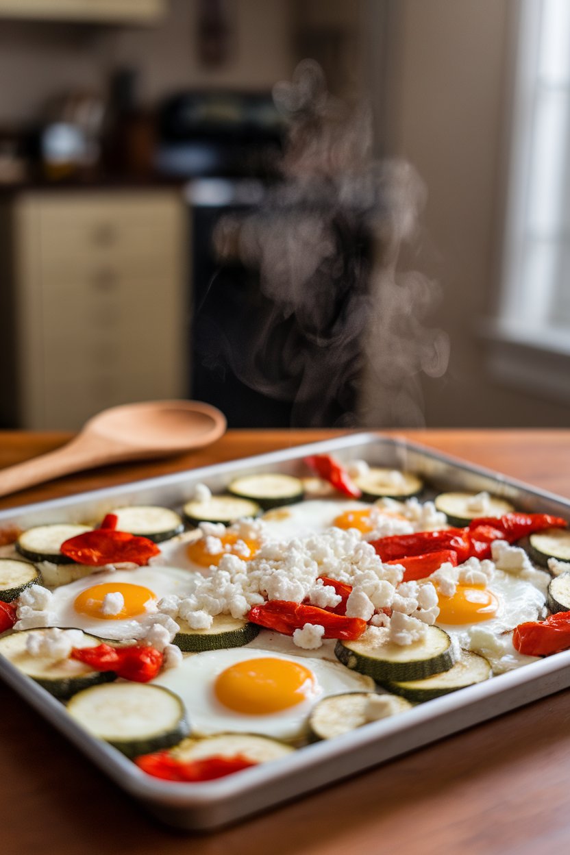 An indoor dining table showing a sheet pan of cooked eggs nestled among zucchini coins, roasted red peppers, and crumbled feta, steam drifting upward. No text or logos.