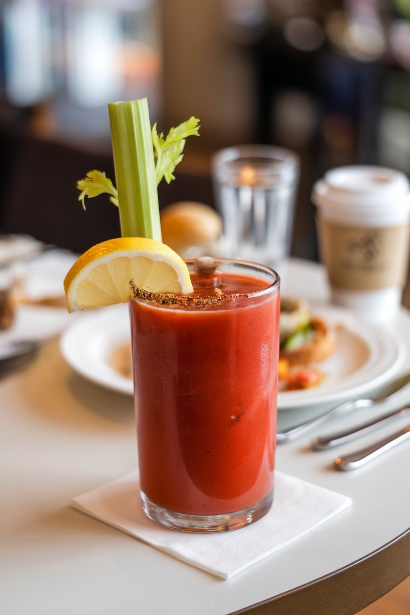 A tall Collins glass on an indoor brunch table, filled with a rich red Bloody Mary, celery stalk and lemon wedge garnish, pepper flakes visible, no brand logos. Photo only.