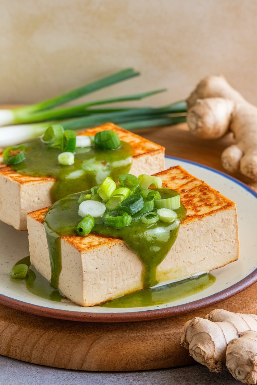 Indoor photo of thick seared tofu slabs topped with vibrant ginger scallion sauce, served on a ceramic platter, no text or logos