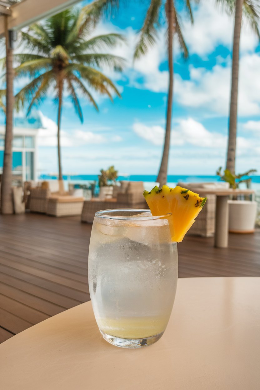 An indoor beach-themed lounge table with a clear glass of light yellow pineapple coconut water, tiny pineapple wedge on rim. No logos or text. Photo.