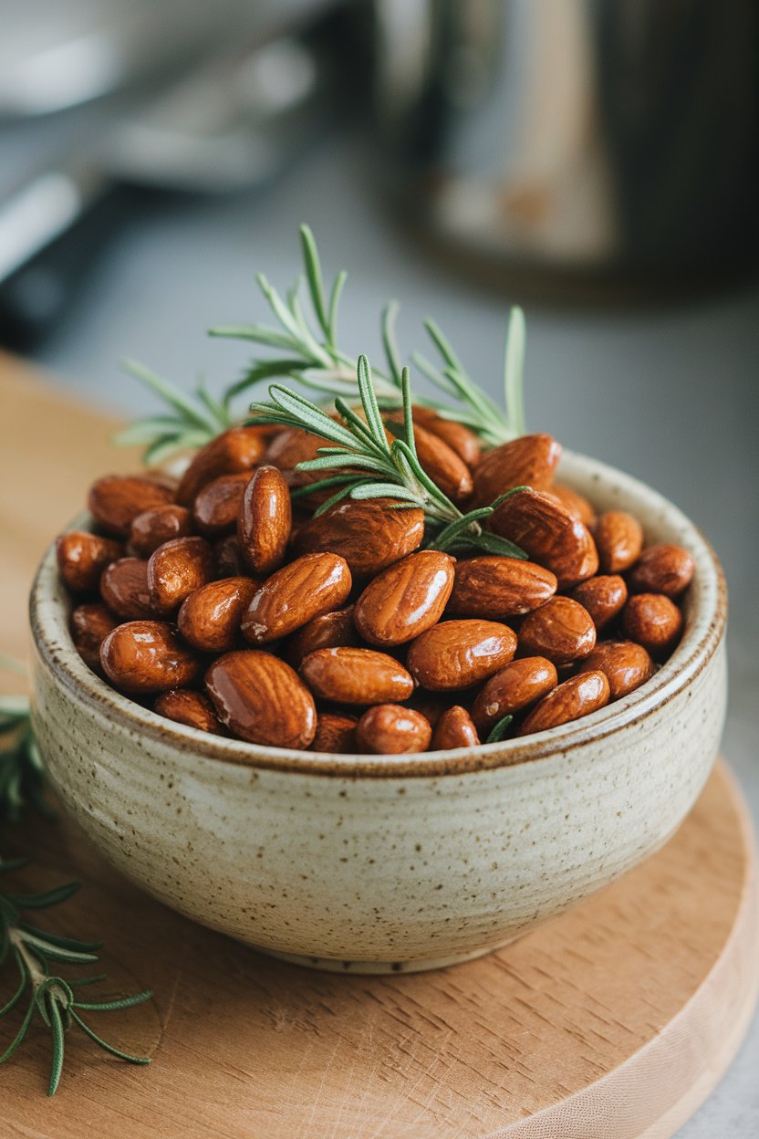 Ceramic bowl of glossy Marcona almonds tossed with rosemary sprigs, set on an indoor board. Photo, no text or logos.
