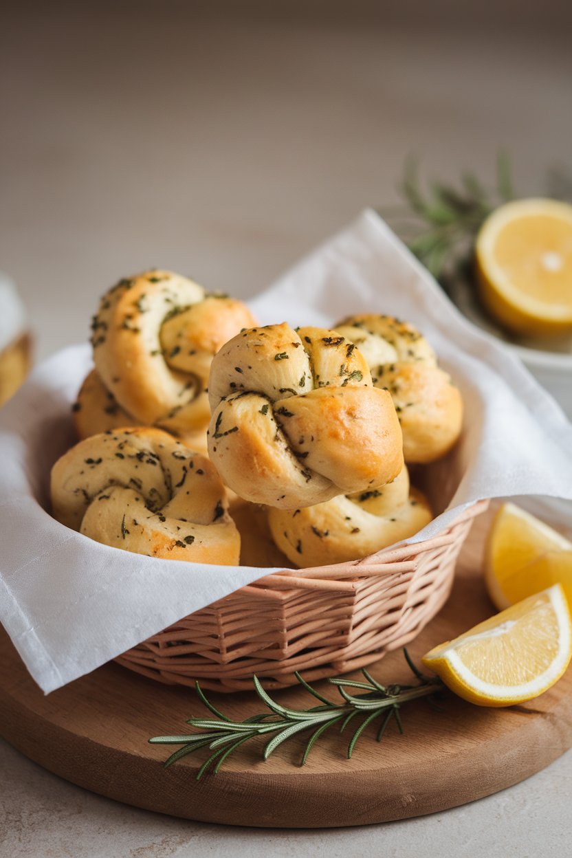 Indoor photo of soft garlic parmesan knots in a basket, brushed with butter and sprinkled with herbs. No text or logos.