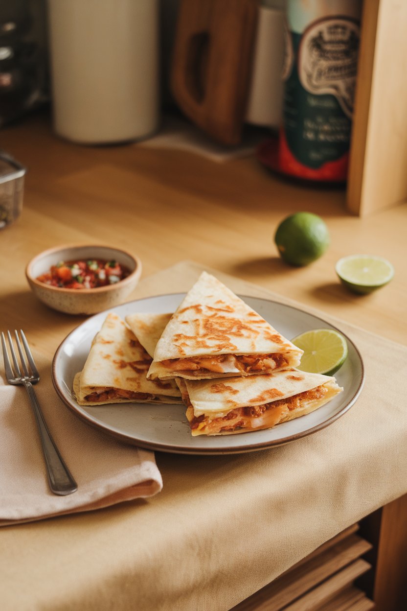 Warm kitchen table shot of dulce-de-leche and toasted coconut quesadilla triangles, no text or logos.