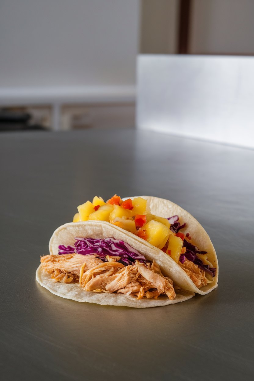 An indoor counter with a taco filled with shredded chicken, pineapple salsa, and red cabbage slaw. No text or logos.