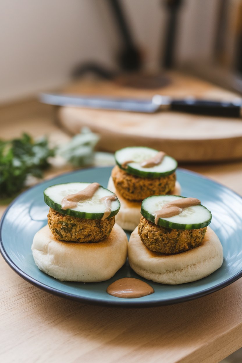 Photo prompt: Indoor plate with mini buns holding baked falafel patties, thin cucumber slices, and tahini drizzle. No logos or text. Photo, not illustration.