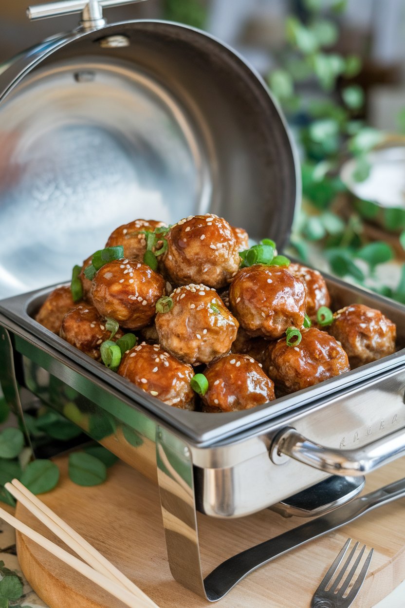 An indoor chafing dish filled with glazed sesame-ginger meatballs, sprinkled with sesame seeds and sliced scallions. No text or logos. Photo, not illustration.