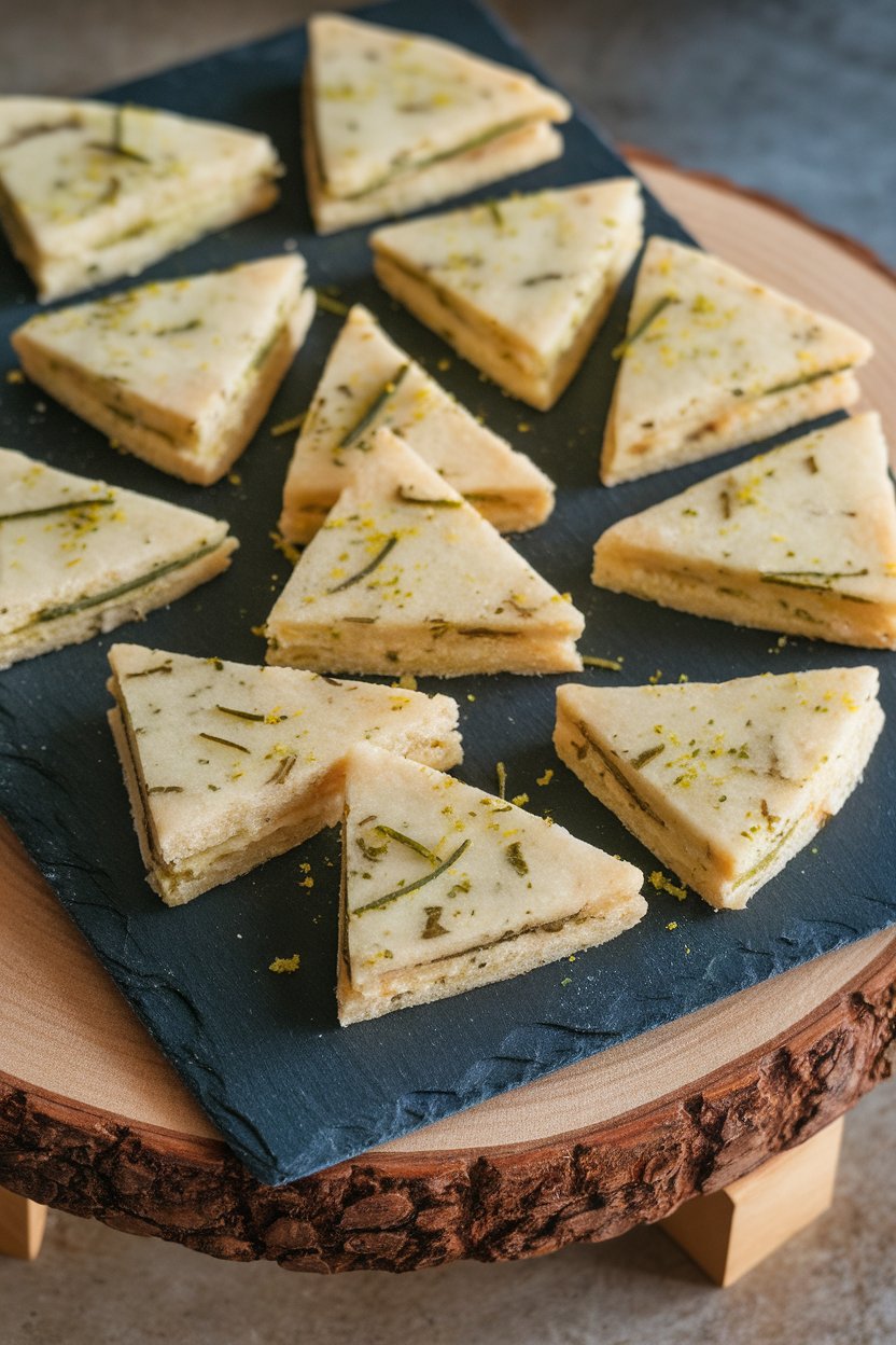 An indoor slate board with wedge-shaped shortbread cookies speckled with green basil flecks and lime zest, no text or logos. Photo only.