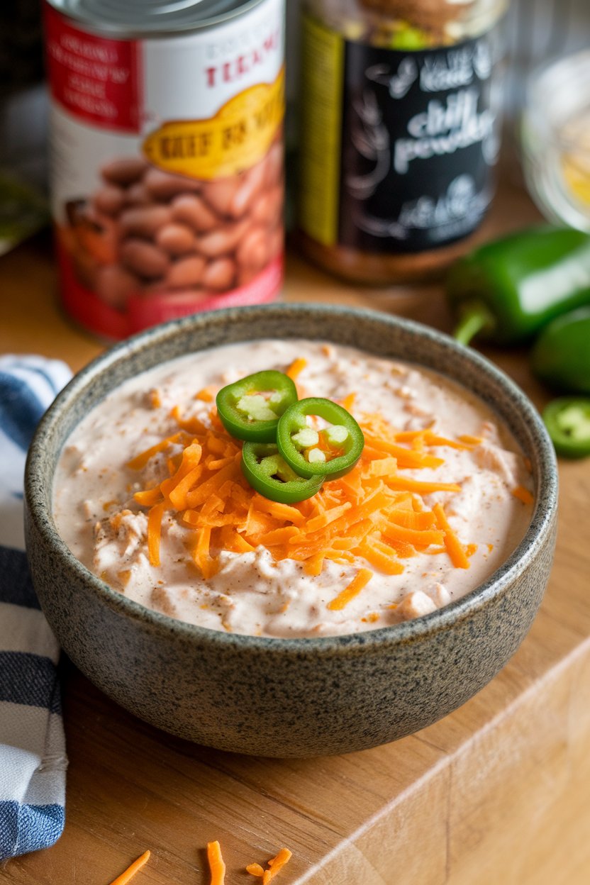 Indoor counter with a stoneware bowl of creamy white chicken chili, topped with shredded cheese and chopped jalapeño. No text or logos.