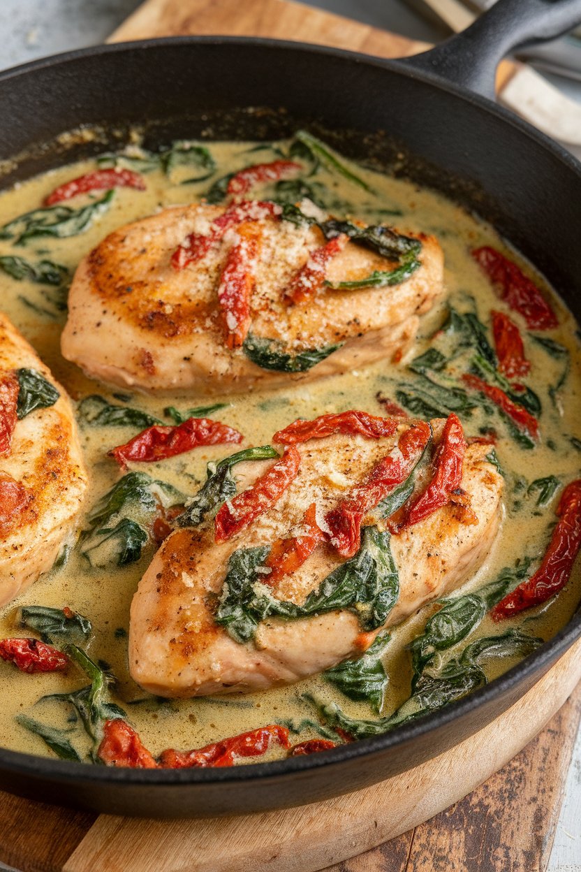 Indoor photo of skillet chicken breasts bathed in a creamy sauce with sun-dried tomatoes and spinach, sprinkled with Parmesan, no text or logos