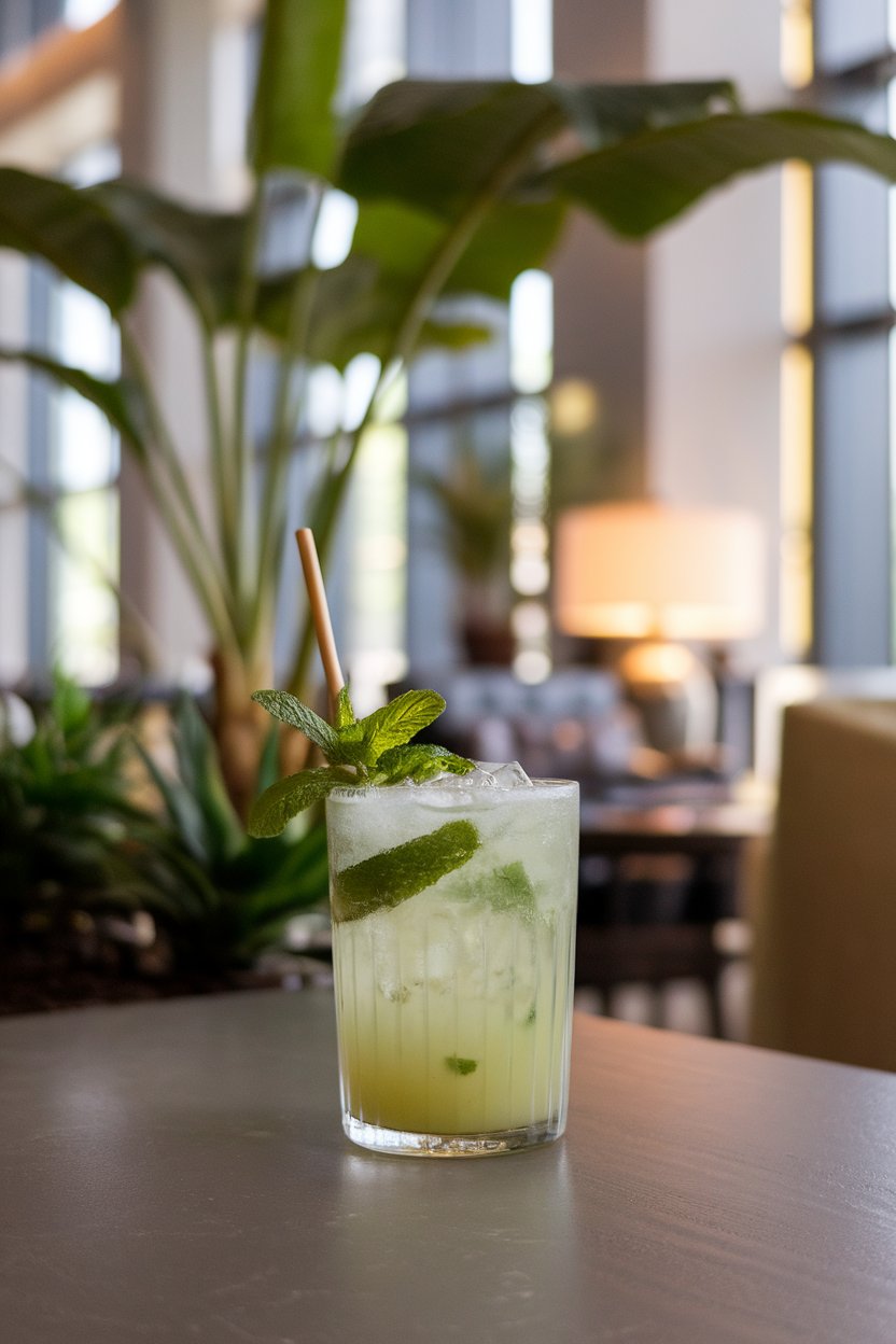Indoor lounge with a Collins glass of mint-speckled lime-green drink, sugarcane stick stirrer, no text or logos, photo