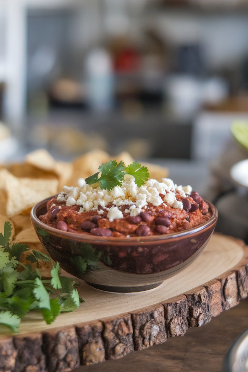 Indoor photo of smoky black bean dip in a bowl topped with crumbled queso fresco and cilantro. No text or logos.