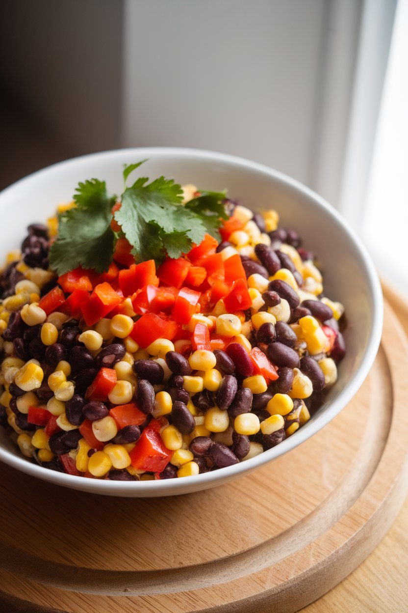 A bowl of black bean and corn salad with diced red peppers and cilantro, photographed indoors under natural light. No text or logos present.