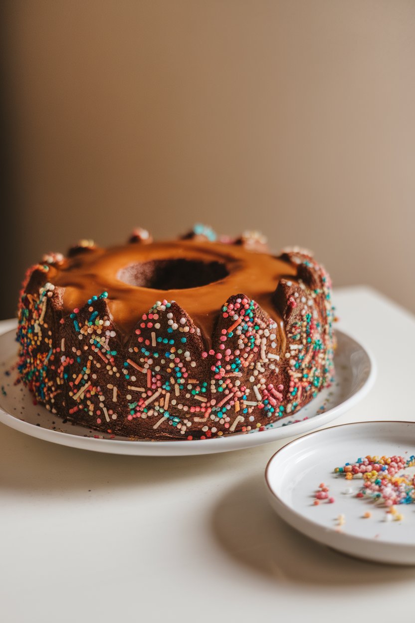 Indoor photo of a chocolate king cake coated in salted caramel and colored sugar edges; no text or logos.