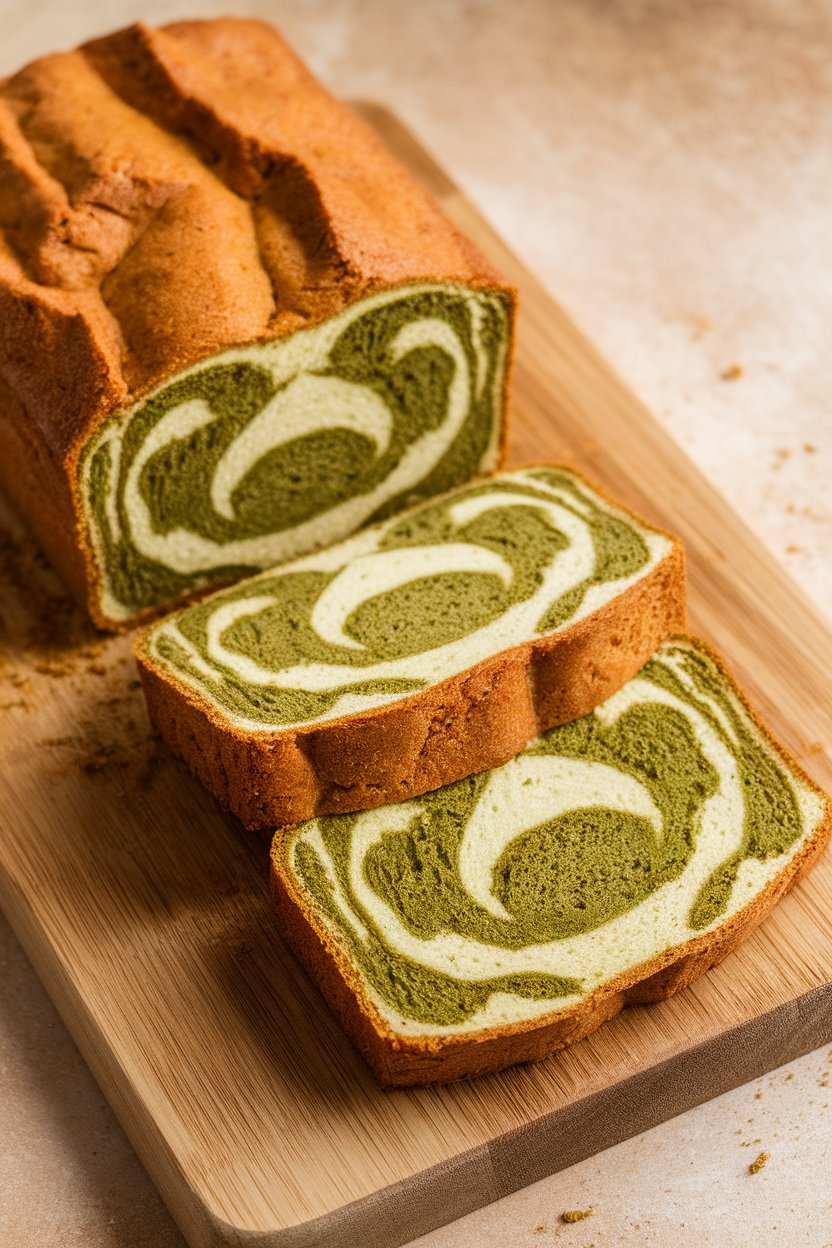 A sliced loaf of marble pound cake on an indoor cutting board, revealing swirls of vibrant green matcha and vanilla batter inside golden crusts. Photo only, no text or logos.