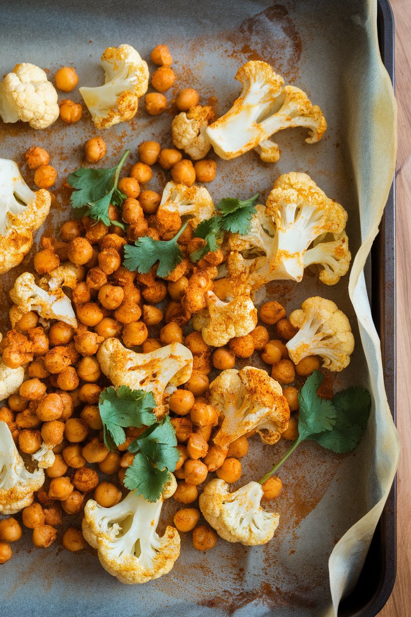 A warmly lit indoor photo of roasted cauliflower florets and chickpeas coated in deep orange Moroccan spices on a parchment-lined pan, with a sprinkle of fresh cilantro. No text or logos.