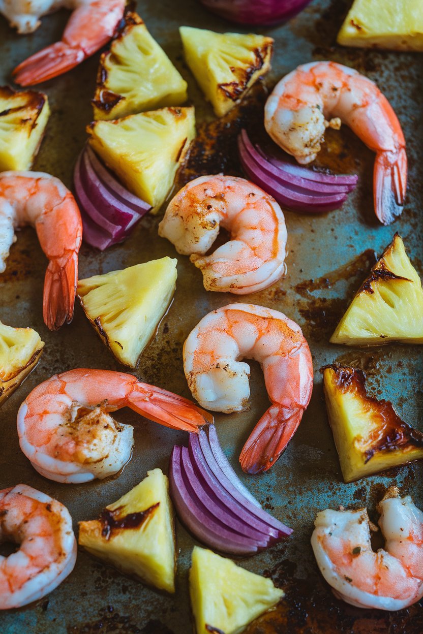 Indoor photo of jerk-seasoned shrimp, roasted pineapple chunks, and red onion on a sheet pan, caramelized. No text or logos.