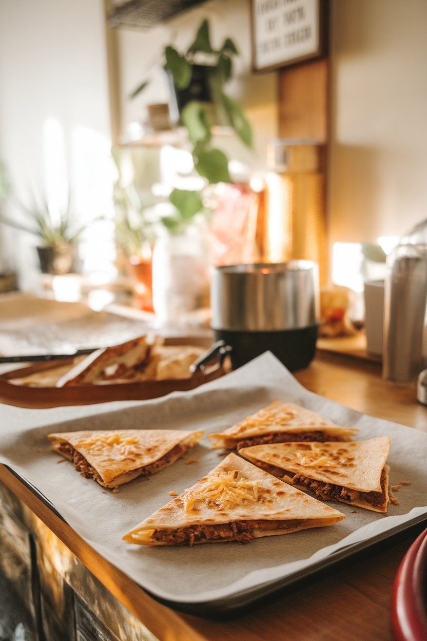 Warmly lit indoor counter showing beef and melted pepper Jack quesadilla triangles on parchment, no branding or text.