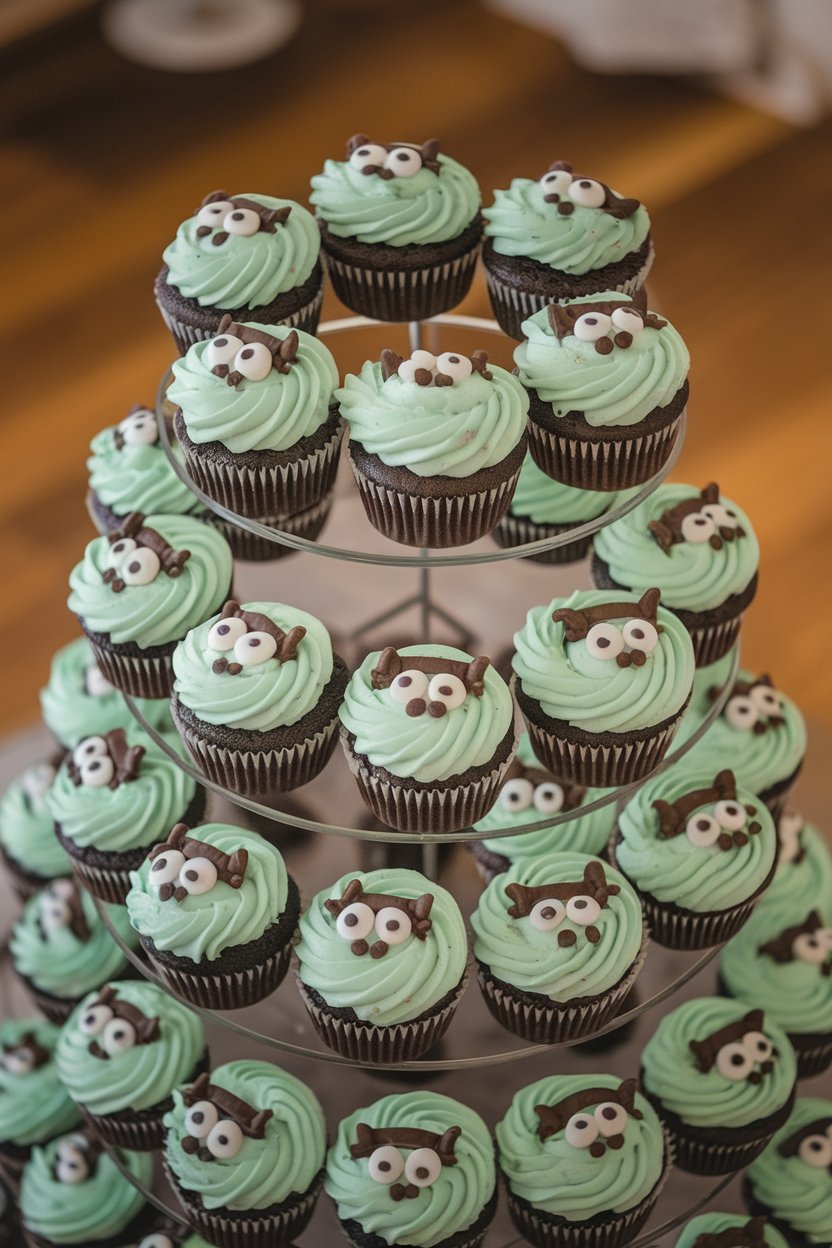 An indoor cupcake tower filled with mint-green frosted chocolate cupcakes, dark chocolate chips dotted throughout, small sugar eyes forming cartoon faces—no text or logos.