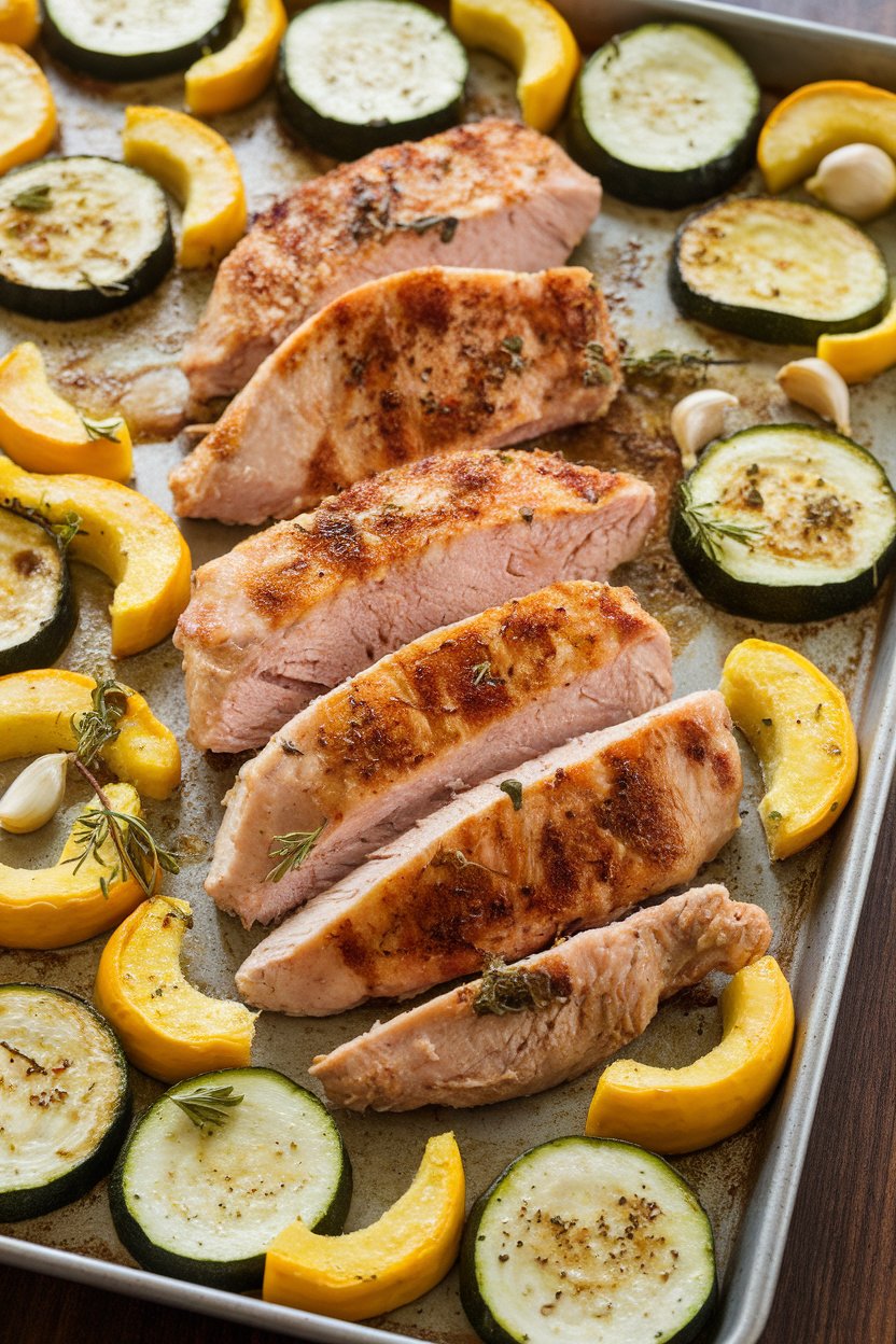 Indoor photo of turkey breast strips, yellow squash half-moons, and zucchini slices roasted with garlic and herbs on a sheet pan. No text or logos.