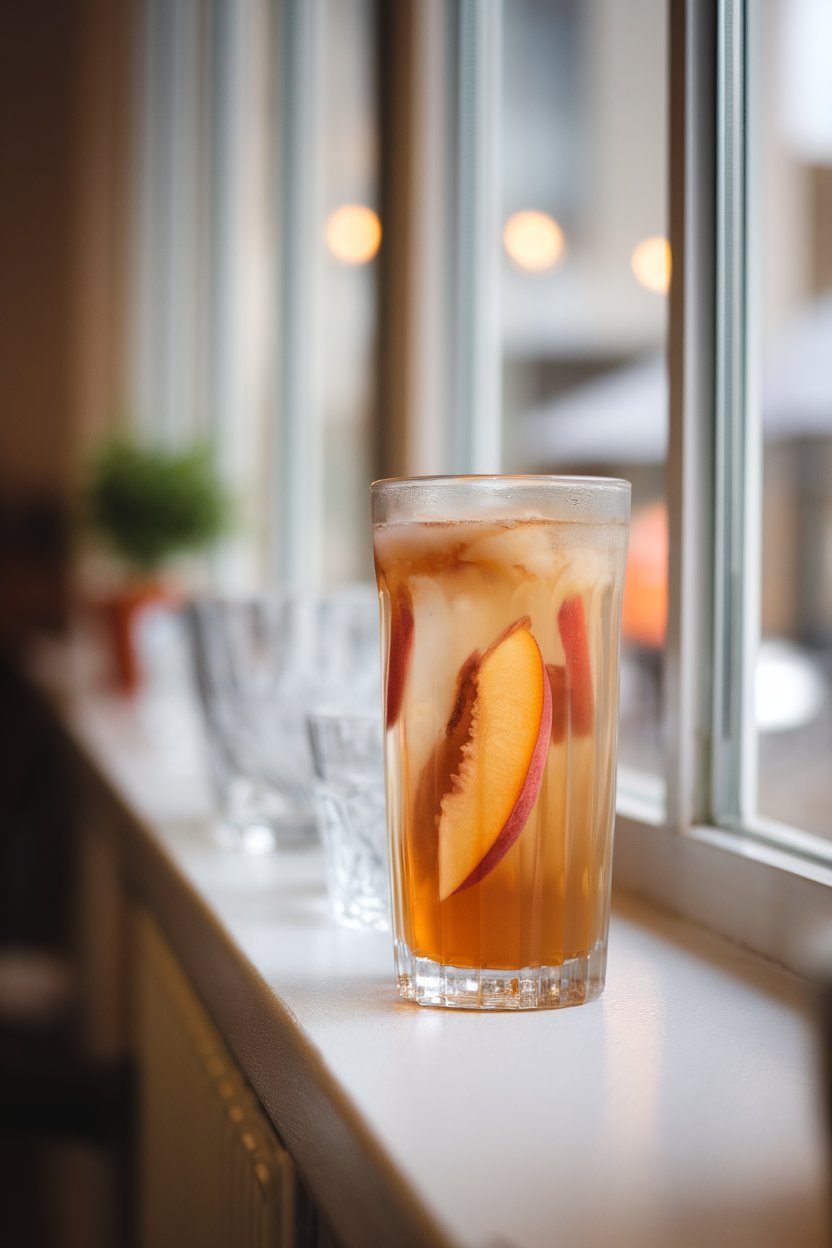 An indoor café window sill featuring a tall glass of light amber peach green tea with thin peach slices floating inside. No visible logos or text. Photo.