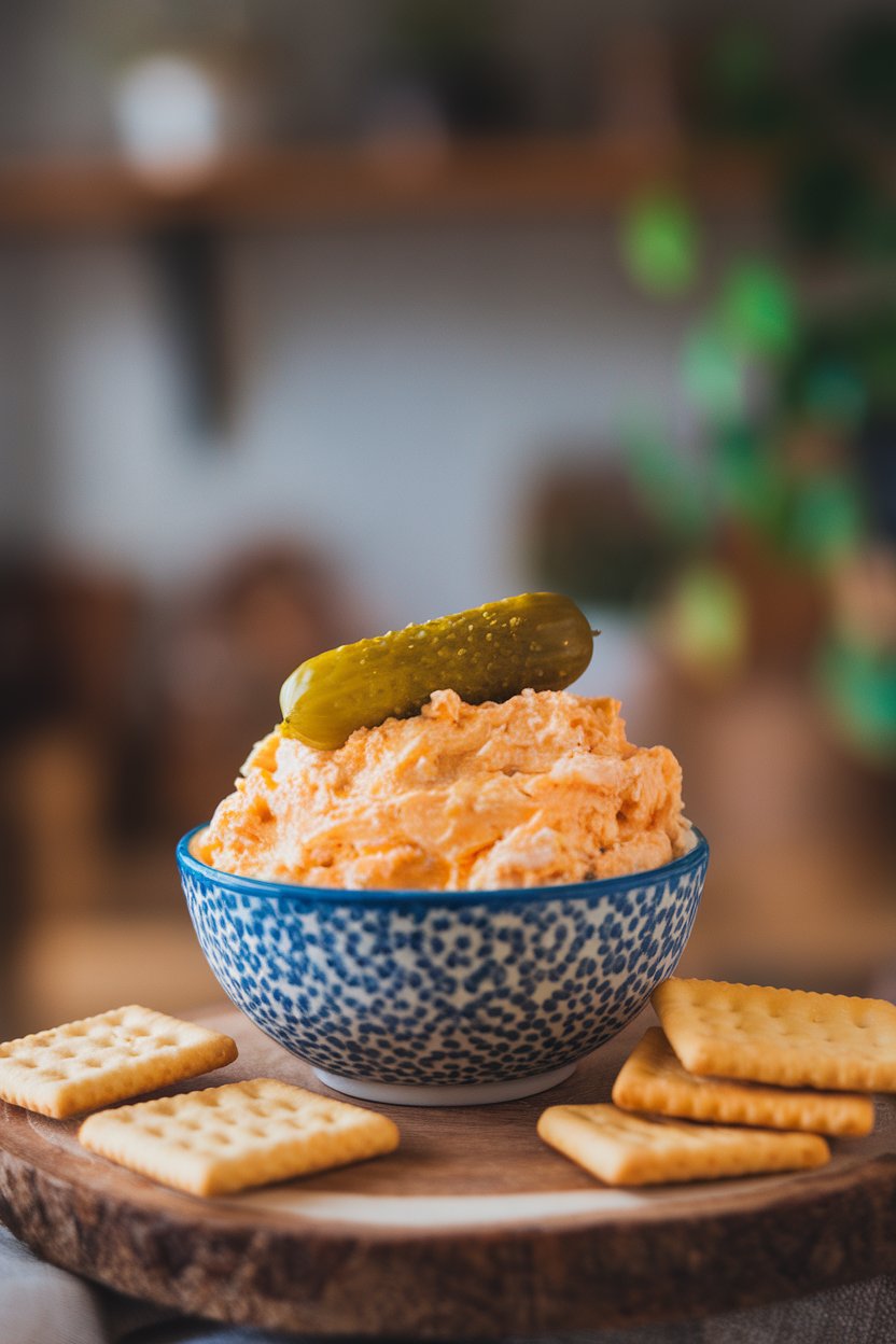 Indoor photo of a bowl of creamy pimento cheese with butter crackers stacked beside it; no text or logos.