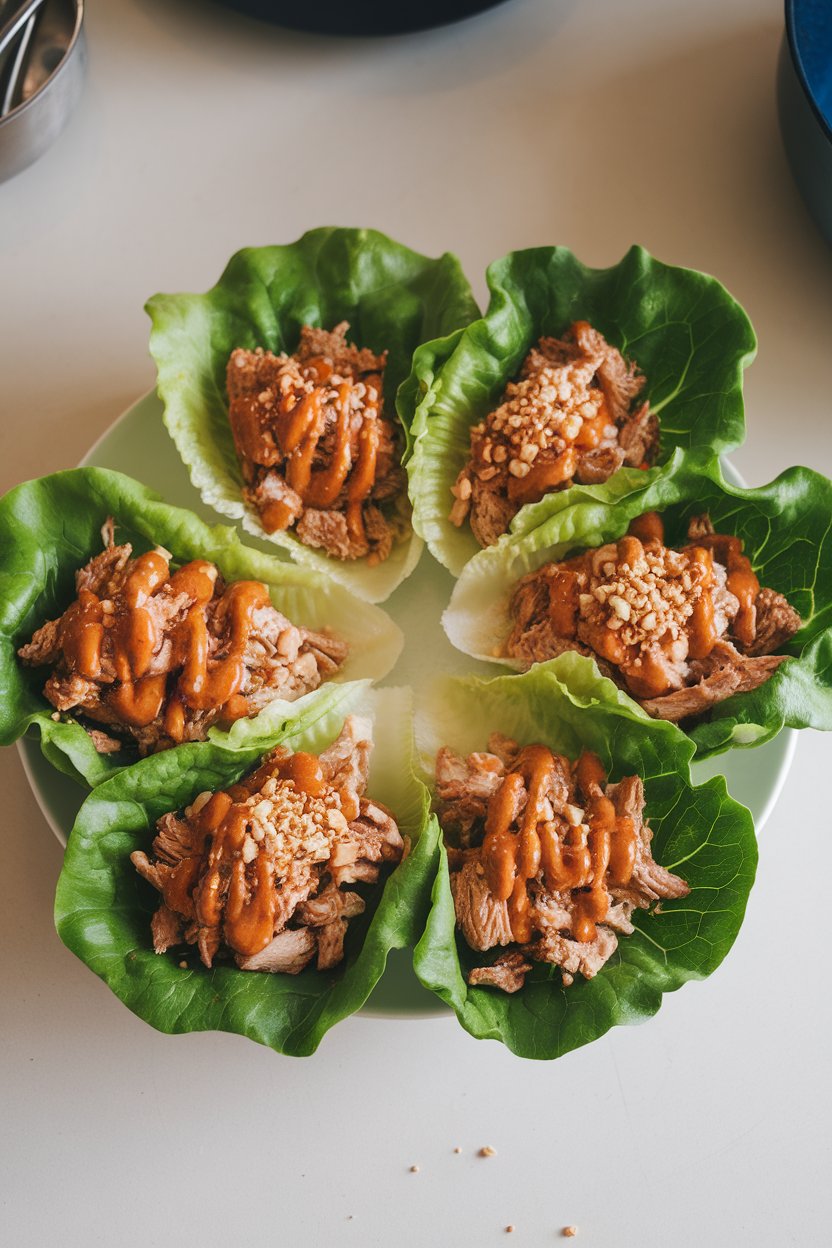 Indoor photo of crisp lettuce leaves filled with cooked minced chicken coated in peanut sauce, crushed peanuts on top; no text or logos.