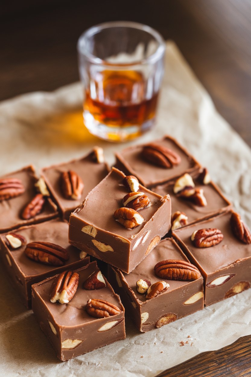 Indoor photo of square fudge pieces dotted with pecan chunks, arranged on parchment, small bourbon glass blurred in background. No text or logos.