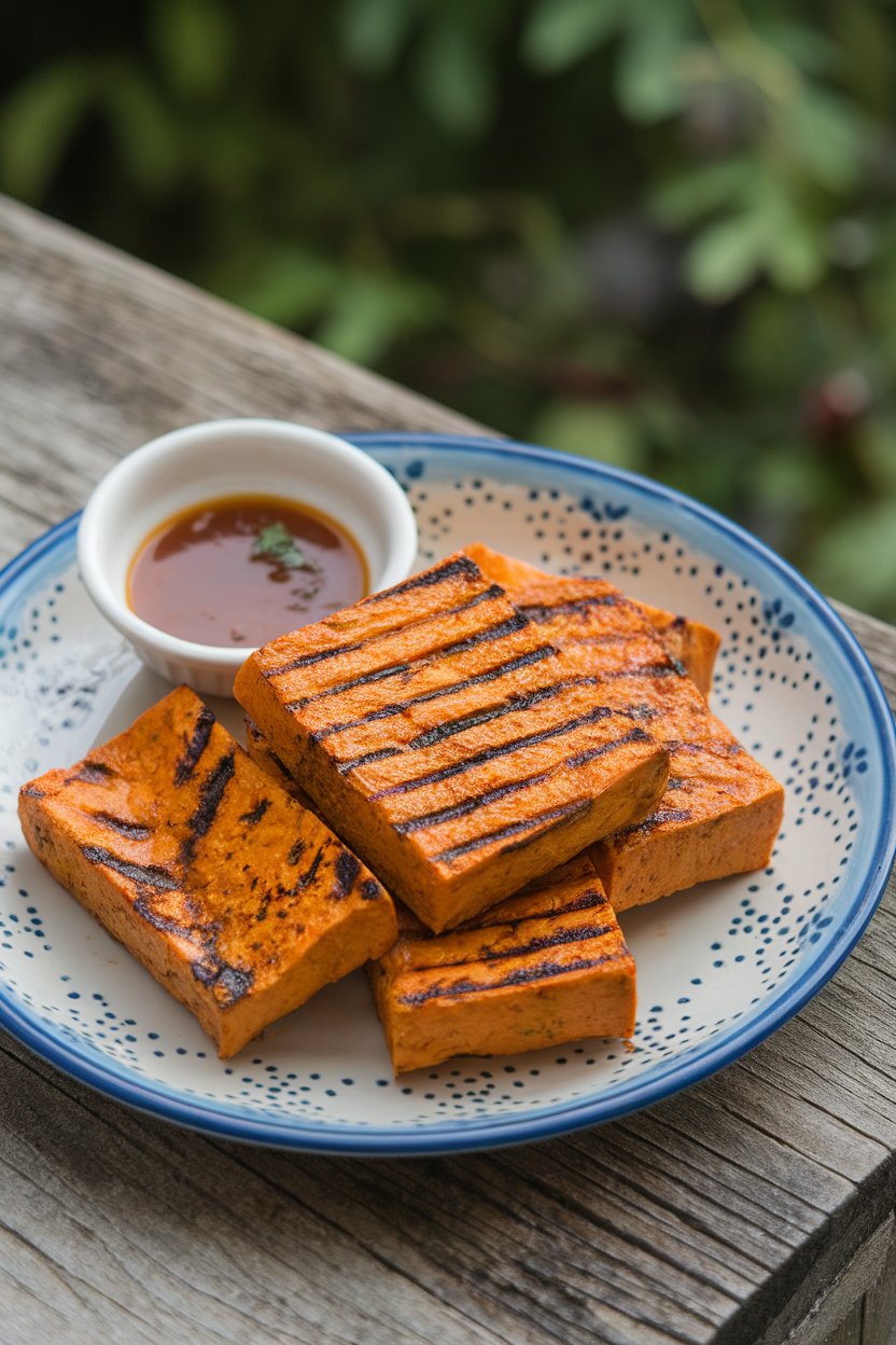 Photo prompt: Indoor plate showing harissa-coated tofu rectangles with charred grill marks, a small bowl of extra sauce nearby. No text or logos.