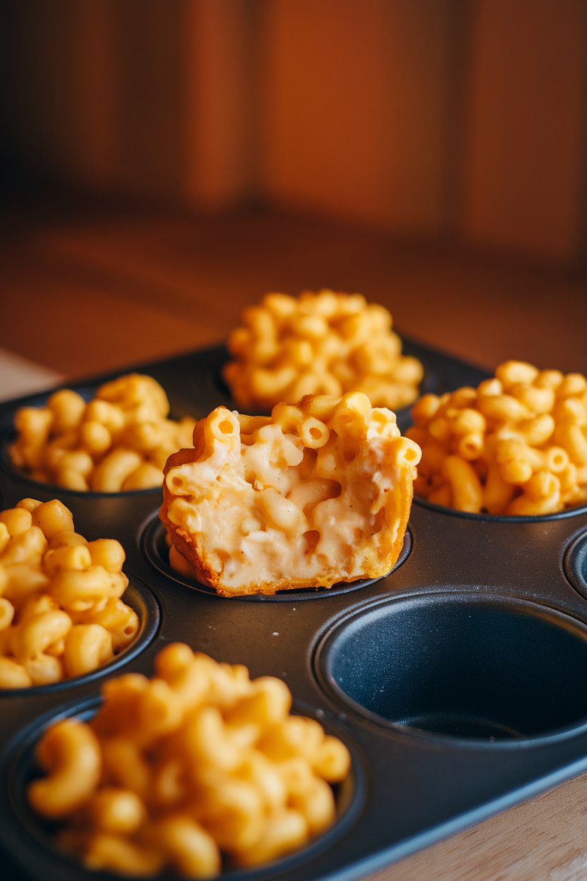 A muffin tin indoors holding golden mac and cheese bites, one removed to show creamy interior, no text or logos.
